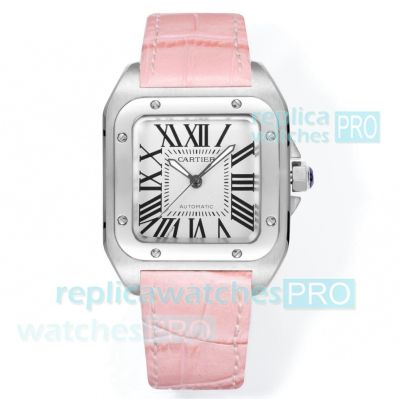 Swiss Replica Cartier 2824 Santos Pink Leather Bracelet 100th Anniversary Ladies Watch 